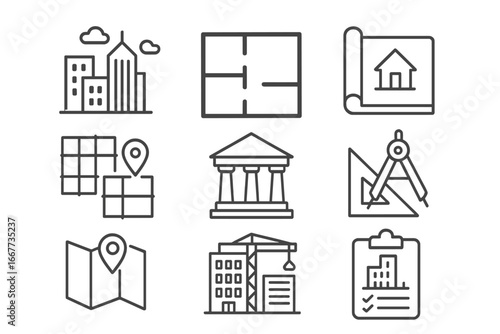 Urban planning and architecture linear icon set. Cityscape, construction, and real estate development concept. Vector outline symbols for building, blueprint, map, and engineering.