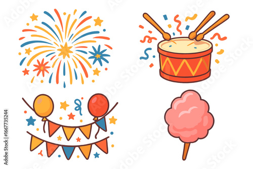 Carnival party and festival vector icons set. Fun celebration with fireworks, drum, cotton candy and garland decoration. Flat cartoon illustration for a holiday event design.