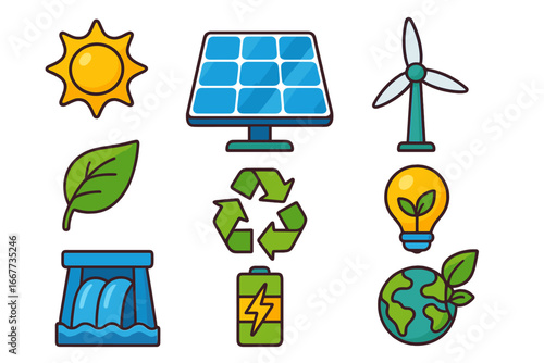 Renewable energy icon set. Green power concept. Sustainable technology symbols. Solar panel, wind turbine, hydro power, recycle sign. Ecology vector illustration collection.