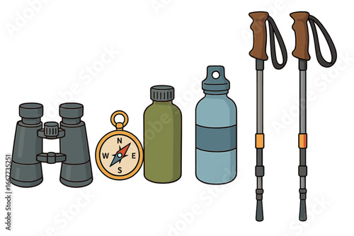 Essential hiking gear set for outdoor adventure. Vector icons collection with binoculars, compass, water bottle and trekking poles for camping, trekking and travel. Survival equipment.