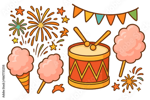 Carnival and festival vector elements set. Funfair celebration with drum, fireworks, cotton candy, and party banner. Cute cartoon illustration for holiday design elements.