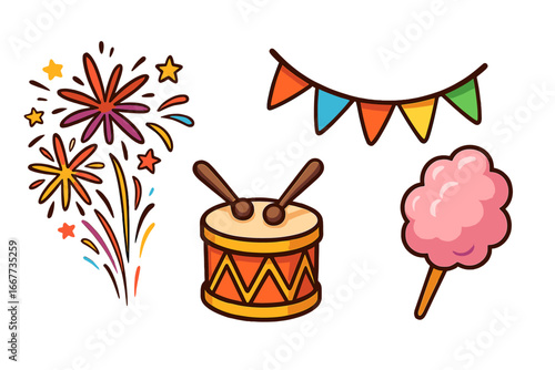 Set of festive vector icons for celebration. Fireworks, drum, cotton candy, and party garland. Cartoon illustration elements for holiday, carnival, or funfair event design.