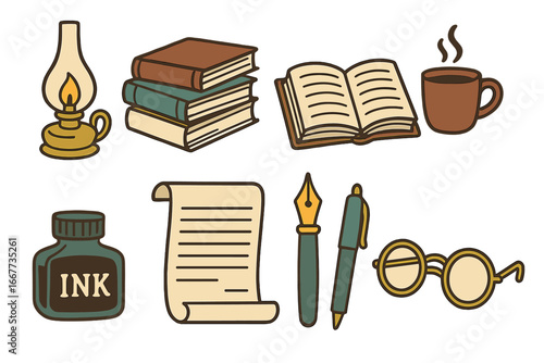 Set of vintage writing and reading items. Retro literature tools collection. Book, fountain pen, ink, glasses, oil lamp. Concept for education, library, bookstore, writer, poetry.