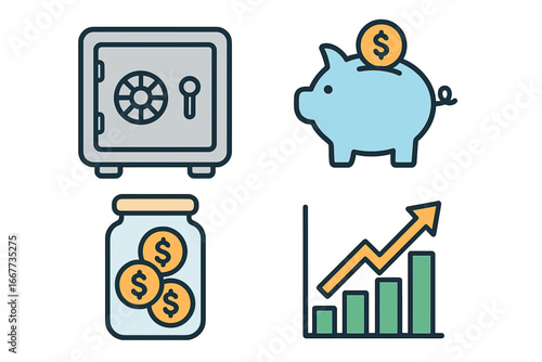 Financial icon set for investment, savings, and wealth growth. Vector graphic with safe, piggy bank, money jar, and bar chart. Concepts for banking, economy, profit, security.