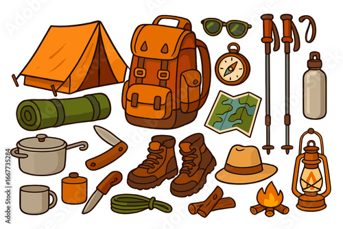 Camping and hiking equipment set. Outdoor adventure and travel essentials. Vector icons collection with backpack, tent, boots, map, compass for expedition or survival.