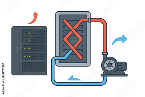 Server liquid cooling system for data center. Thermal management technology concept. Heat exchange equipment with pump and server rack. IT infrastructure diagram illustration.