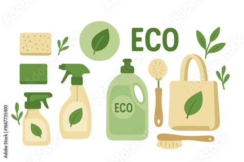 Eco-friendly cleaning supplies set. Green household products for sustainable living. Zero waste concept with natural detergent, spray bottle, brush, sponge, and reusable bag.