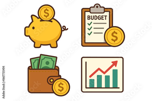 Financial planning icon set. Investment, savings, and budgeting concepts. Piggy bank, wallet with money, budget checklist, and growth chart. Vector cartoon illustration.