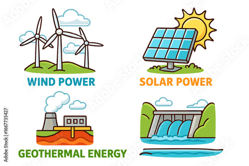 Renewable energy sources vector icon set. Wind power turbine, solar panel, geothermal station and hydroelectric dam. Green, clean, sustainable, eco friendly power generation.
