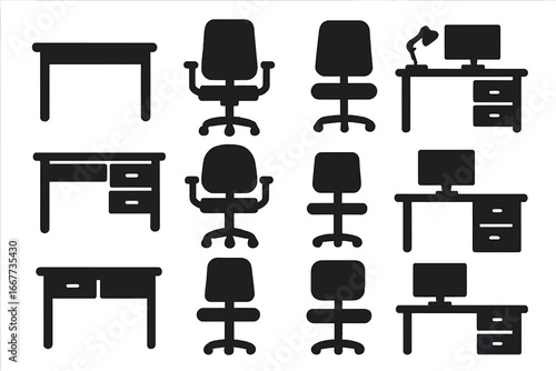 Office furniture icon set. Desk, chair, and computer workstation silhouettes. Business interior elements. Vector graphic collection for corporate design and workspace concepts.