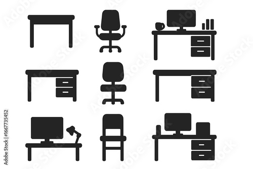 Office furniture silhouette icon set. Vector collection of workspace symbols including desk, chair, computer, and table. Black pictogram for business and interior design.
