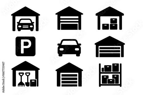 Garage and storage silhouette icon set. Vehicle parking, warehouse icons collection. Car, automotive service, repair shop, home storage, tools, and boxes vector pictogram.