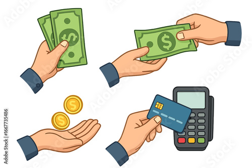 Money transaction vector set. Hands paying with cash, credit card at POS terminal, holding dollar bills and coins. Finance, commerce, shopping, and payment concept illustrations.