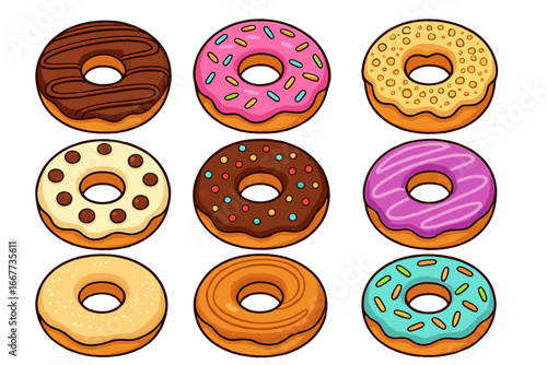 Donut collection vector cartoon illustration. Set of delicious sweet dessert pastries with various colorful glaze, icing and sprinkles for bakery menu design or food icon.