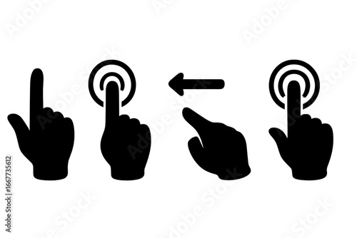 Hand gestures silhouette icon set. Touch screen finger actions like click, press, swipe left, and tap. Vector symbols for user interface design. Pointer cursor signs.