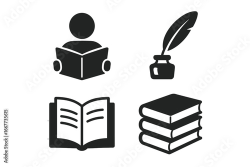 Book and reading vector icon set. Minimalist glyphs for literature, education, and knowledge. Includes person reading, quill pen, inkwell, and a stack of books. Library symbol.