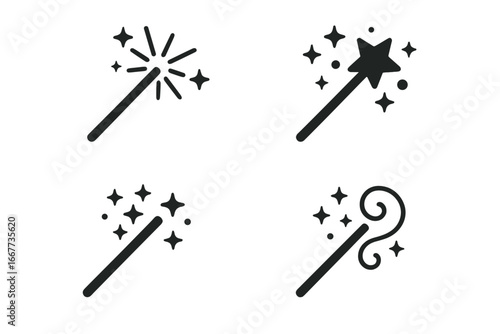 Magic wand icon set with sparkling effects, magical wand symbols, vector cartoon illustration with transparent background, fantasy magic tools collection, ordered set 3