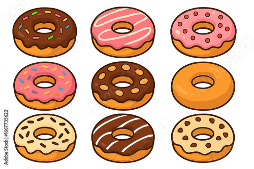 Colorful donut collection. Assortment of glazed doughnuts with chocolate, strawberry, vanilla frosting and sprinkles. Sweet pastry dessert food. Vector cartoon icon set isolated.