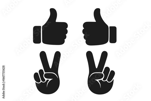 Hand gesture silhouette icon set. Thumbs up for like and approval, and peace or victory V-sign. Vector illustration collection of positive hand signals and symbols.