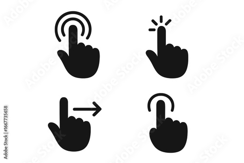 Touch screen hand gestures icon set. Finger tap, click pointer, and swipe right. Vector silhouette collection for UI and UX design. Mobile app and web interface symbols.
