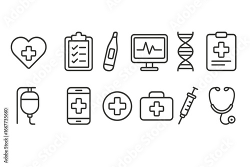Medical and healthcare technology line icon set with medical devices, DNA symbols, health monitoring, and diagnostic tools in outline style vector illustration, transparent background