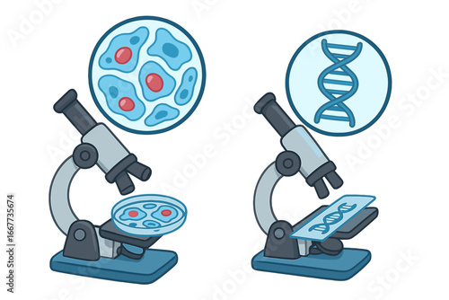 Microscopes examining cells and DNA in a scientific laboratory setting, vector cartoon illustration with detailed cellular and genetic elements on transparent background, research and biology concept