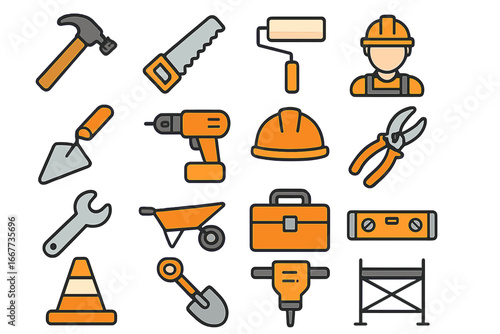 Construction tools and equipment icon set. Vector collection for builder, repairman, and handyman trades. Includes hammer, saw, drill, hard hat, and other hardware symbols.