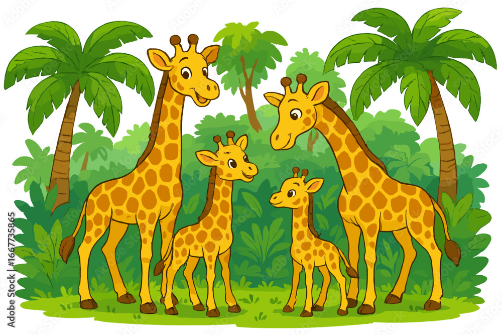 Fototapeta premium Cute giraffe family with parents and young calves in a vibrant jungle. Cartoon vector illustration of wildlife animals in African safari habitat with palm trees. Happy animals.