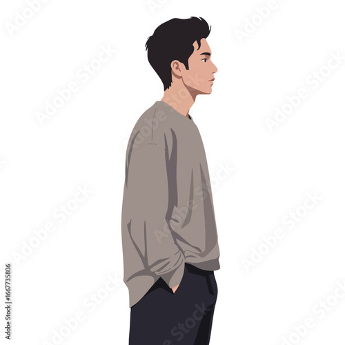 Young man in casual outfit standing sideways with hands in pockets vector illustration 