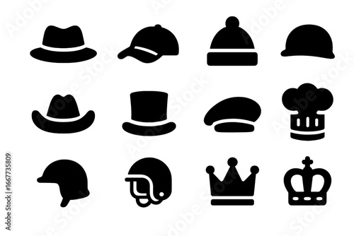 Headwear glyph icon set collection. Hat, helmet, crown, cap silhouettes. Vector icons of fedora, beanie, top hat, cowboy, chef, baseball cap, biker helmet and royal crown.
