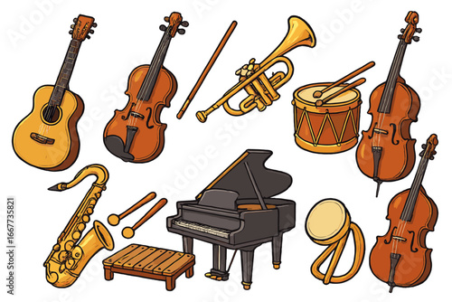 Vector cartoon illustration of diverse musical instruments including piano, violin, guitar, saxophone, trumpet, drums, maracas, xylophone, and drumsticks in artistic style