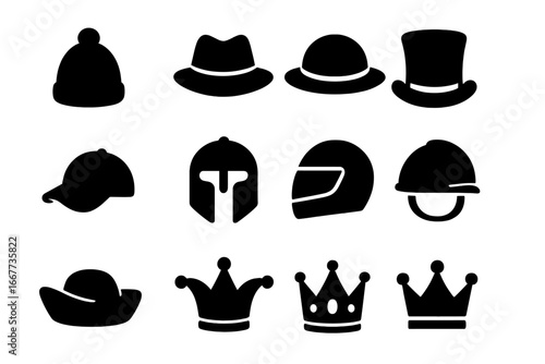 Headwear solid icon set. Collection of hats, helmets, and crowns. Vector glyph symbols for fashion, sports, and royalty. Includes fedora, top hat, cap, spartan, racing helmet