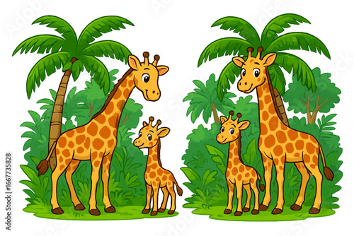 Two cute giraffe families with parents and young calves in a lush jungle. Cartoon vector illustration set for kids. African safari wildlife with palm trees. Animal characters.