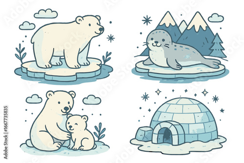 Cute Arctic Animal Illustrations with Polar Bears, Seals, Igloos, Snow, Mountains, and Winter Scenery in Cartoon Style on Transparent Background