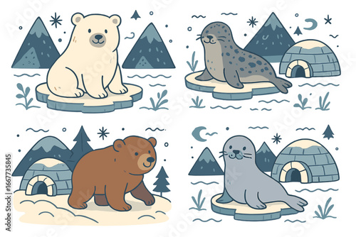 Illustrations of Arctic Animals and Environments with Bears, Seals, Igloos, Mountains, and Artistic Elements in a Vector Cartoon Style on Transparent Background