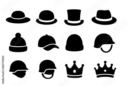 Headwear solid icon set. Collection of hats, helmets, and crowns in a bold glyph style. Vector illustration includes fedora, top hat, beanie, baseball cap, military helmet, and royal crown.