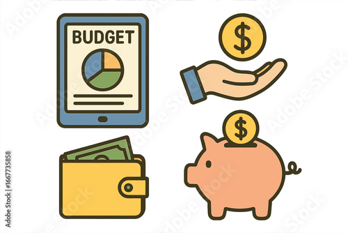 Financial icons set for modern money management. Vector symbols for budgeting, saving, and investment. Piggy bank, wallet with cash, budget app on tablet. Flat design.
