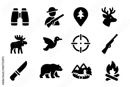 Hunting solid glyph icon collection. Outdoor adventure and wildlife exploration symbols. Features hunter, rifle, deer, bear, moose, duck, target, campfire, and nature elements.