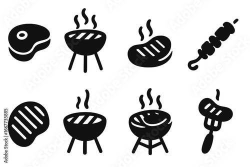 Grill and barbecue solid glyph icon set. Simple black pictograms of steak, kebab, sausage, and charcoal grill for cooking meat. Vector food symbols for a summer cookout.
