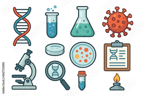 Illustrative Collection of DNA Strands, Laboratory Equipment, Virus Icons, Scientific Research and Study Activities, Vector Cartoon Illustration with Transparent Background