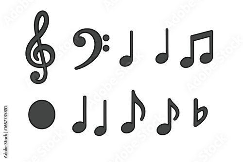 Musical symbols representing notes, clefs, pitch variations, and flats on a simple transparent background, vector cartoon illustration with ordered set of music icons and notation signs