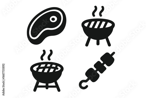 Barbecue and grill solid icon set. Vector glyphs of steak, shish kebab, charcoal grill, and meat for cooking. Simple black minimal food symbols for a summer BBQ party menu.