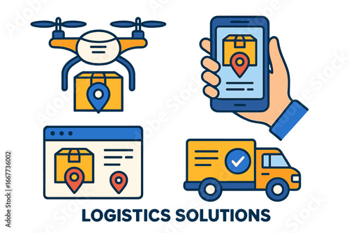 Innovative logistics solutions featuring drone delivery, package tracking, mobile app control, and delivery truck for efficient shipping and supply chain management, vector cartoon illustration