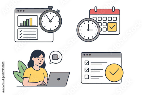 Productivity and time management icon set. Remote work efficiency, scheduling, and task management tools. Business deadline, checklist, calendar, and online meeting concepts.
