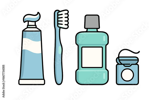 Vector icon set of dental care items. Toothpaste, toothbrush, mouthwash, and floss for oral hygiene. Teeth cleaning concept for healthcare, fresh breath, and a healthy smile.
