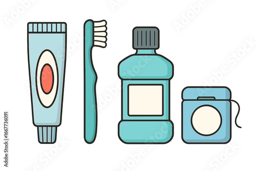 Dental care vector icon set. Toothbrush, toothpaste, mouthwash, dental floss. Oral hygiene daily routine for healthy teeth. Concept for dentistry, health, wellness, travel.