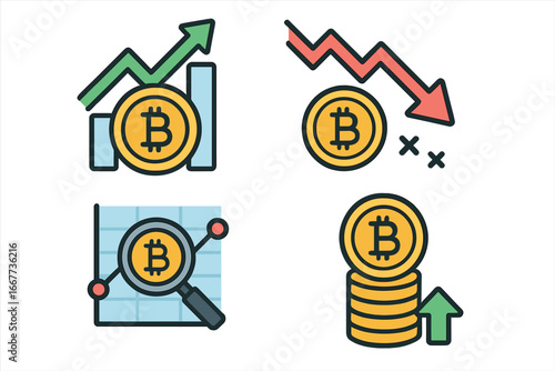 Crypto currency trading icons set. Bitcoin market trends, analysis graph and chart. Investment profit growth and financial loss or crash. Vector digital money symbol collection.