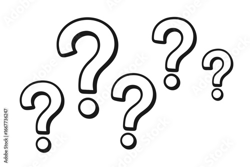 Intriguing question marks black outline on white background, curiosity and contemplation concept, cartoon style vector illustration, thoughtful design element, symbolic punctuation marks