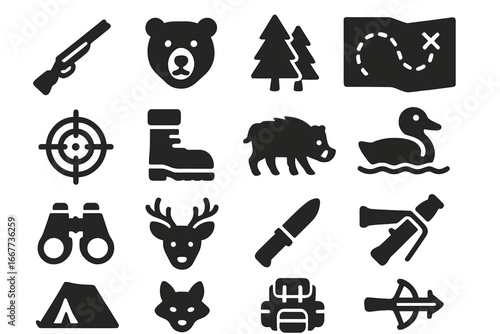 Hunting and wildlife solid icon set. Outdoor adventure and nature exploration symbols. Vector glyph collection with rifle, bear, deer, boar, duck, crossbow and forest elements.