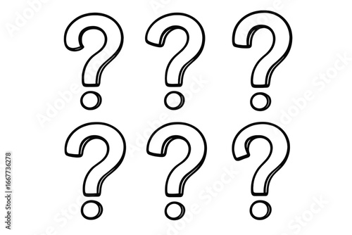 Intriguing black outlined question marks on white background symbolizing curiosity, mystery, inquiry, uncertainty, thinking, and contemplation in vector cartoon style illustration